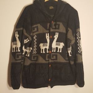 Alpaca 100 % wool hooded sweater button up